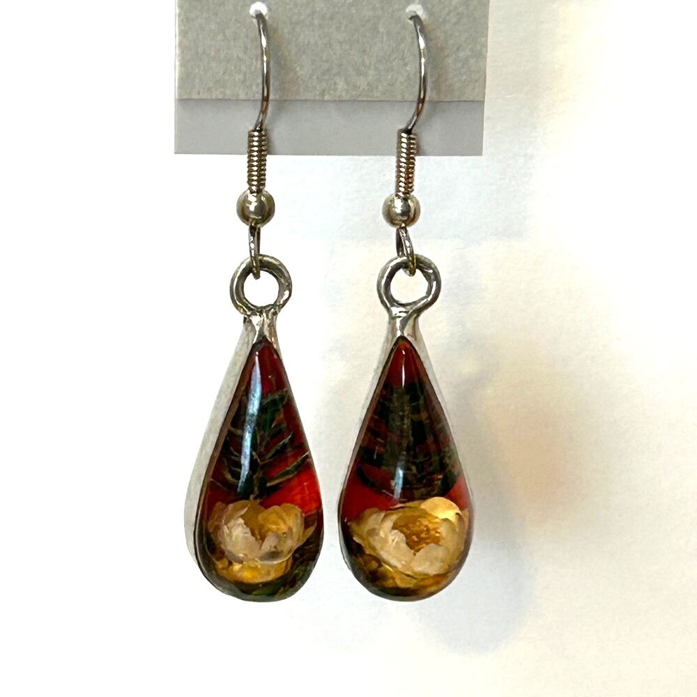Vintage Dried Flower Resin Drop‎ Sterling Bezel Earrings